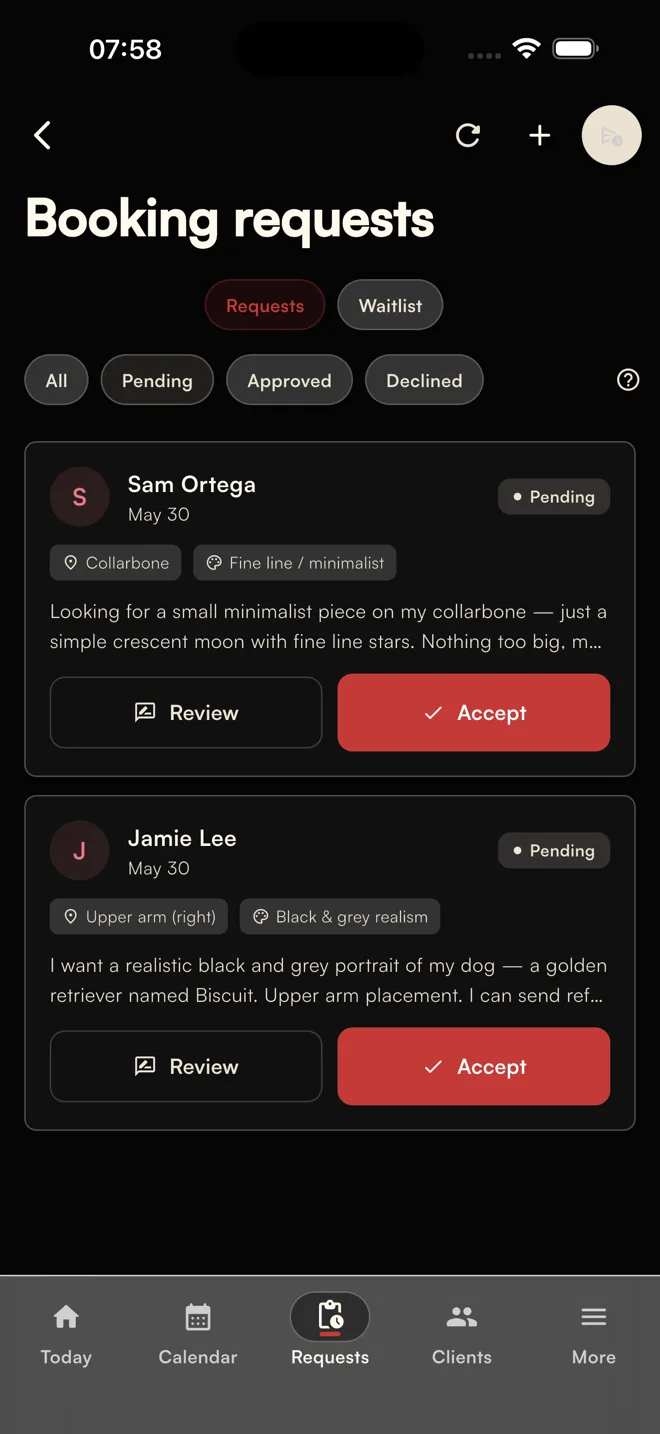 Affichr booking requests list