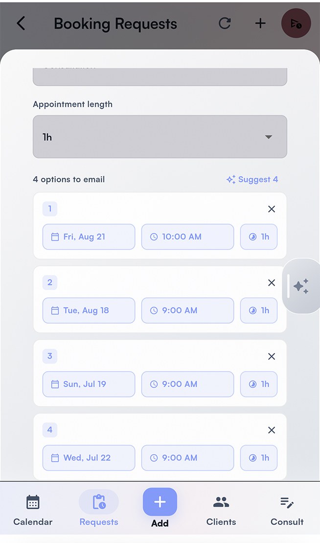 Affichr booking request options