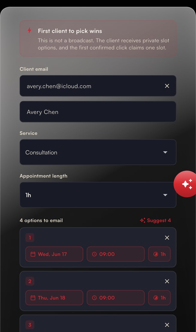 Affichr private slot options screen for a tattoo booking