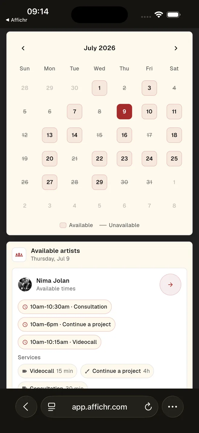 Affichr tattoo booking calendar with selected date